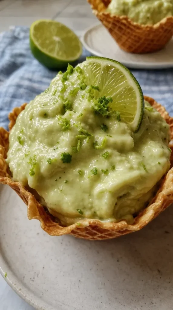 Slice of creamy Key Lime Pie with lime garnish on a white plate