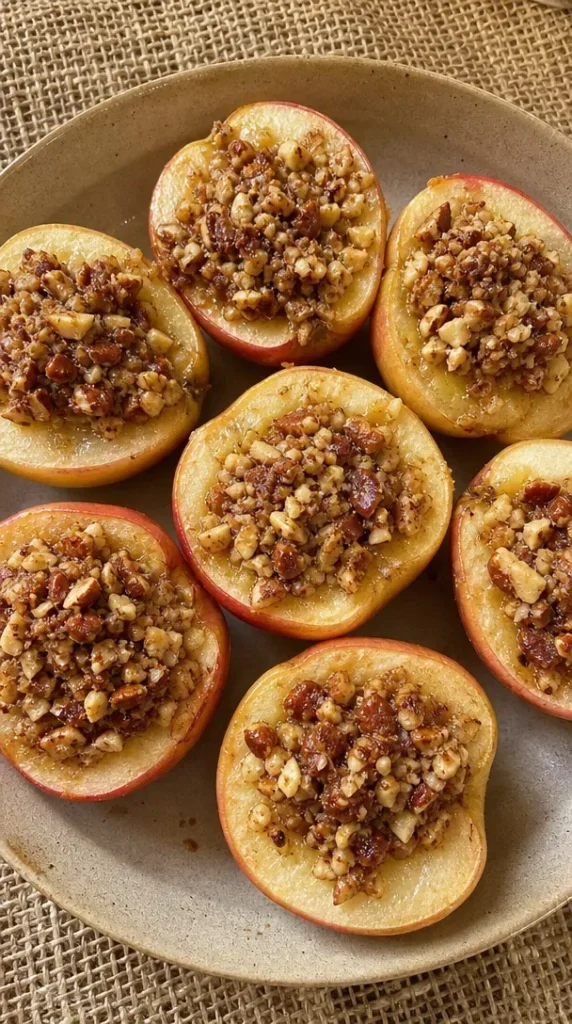 Delicious baked apple halves fresh out of the oven topped with cinnamon and nuts