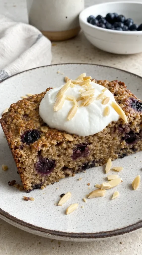 Bowl of easy blueberry almond oatmeal topped with fresh blueberries and almonds