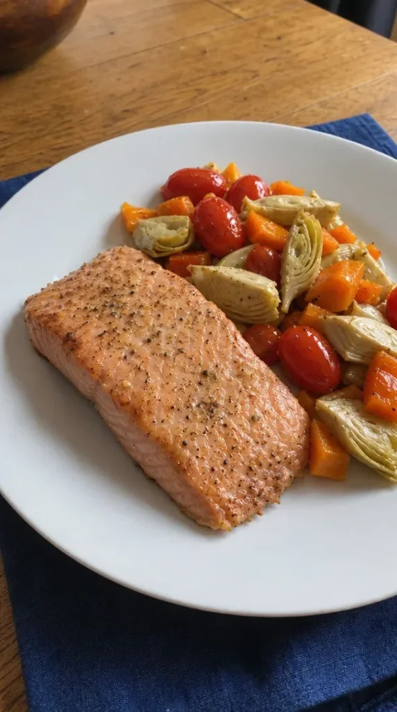 Delicious Caesar Salmon dish topped with Caesar dressing and served with greens.