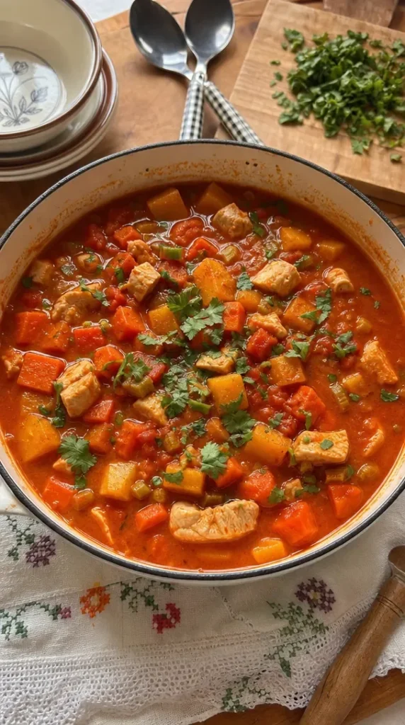 Bowl of easy chicken butternut chili topped with fresh herbs