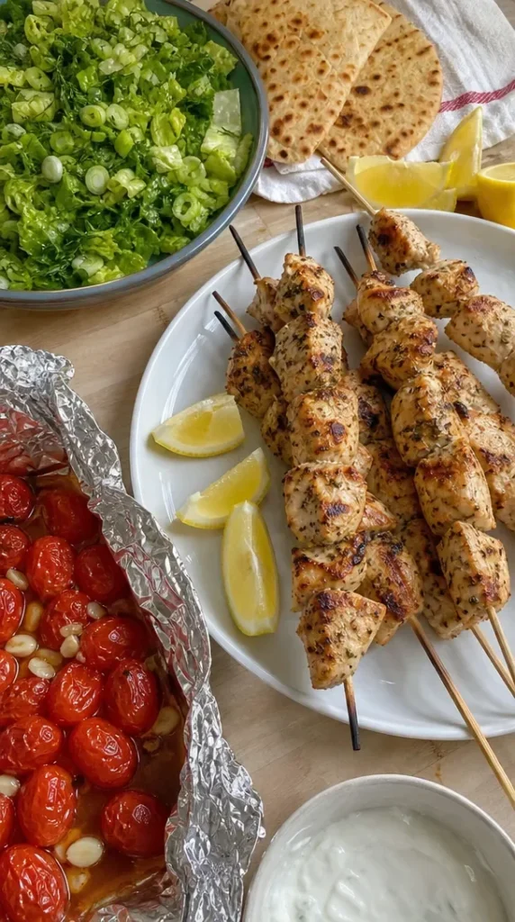 Easy chicken souvlaki skewers on a grill with fresh ingredients