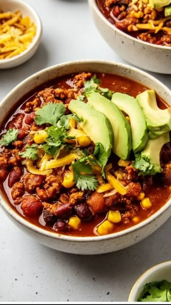 Bowl of easy diabetic chili topped with fresh herbs and served with bread.