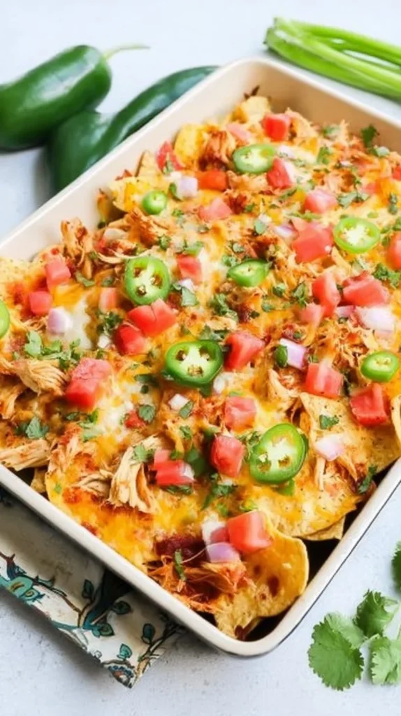 Delicious diabetic-friendly chicken nachos topped with fresh ingredients