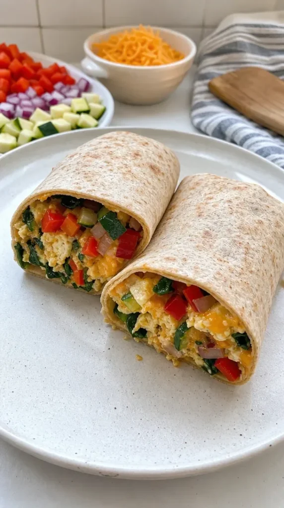 Delicious easy egg white vegetable burrito ready to be enjoyed