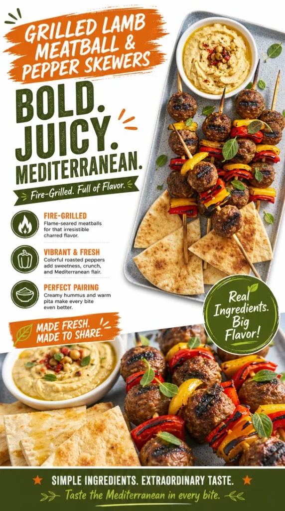 Delicious grilled lamb meatballs served on a platter with herbs and sauce