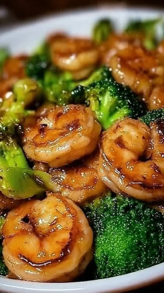 A plate of high-protein honey garlic shrimp garnished with green onions