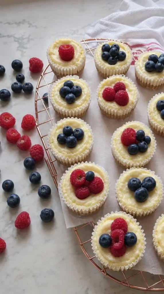 Easy individual cheesecake bites served on a platter with fresh berries