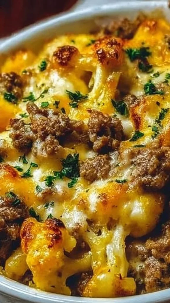 Easy Keto Cheeseburger Cauliflower Mac dish served on a plate