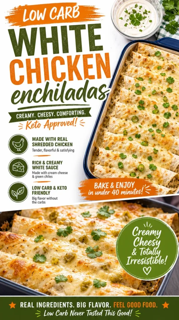 Delicious low-carb white chicken enchiladas topped with cheese and salsa.