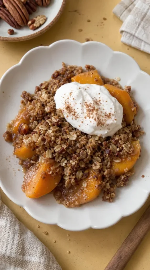 Delicious easy peach crisp dessert with a golden topping and fresh peaches