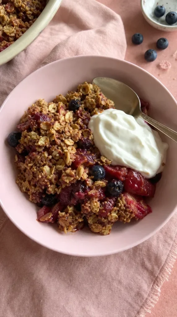 Delicious easy plum and blueberry crisp served in a baking dish