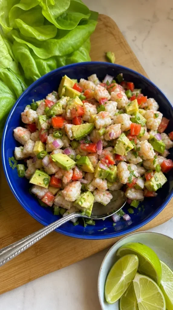 Easy shrimp avocado salad with fresh ingredients in a colorful bowl
