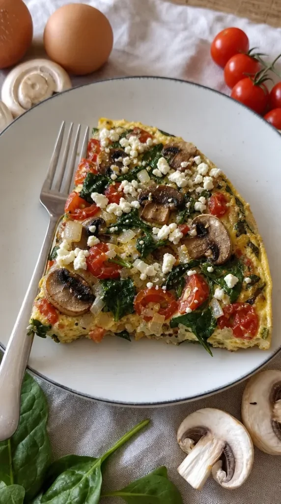 Easy skillet breakfast recipe with eggs, vegetables, and sausage in a frying pan.