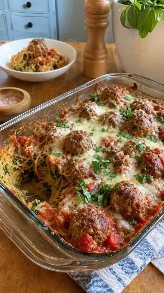 Easy spaghetti squash meatball casserole fresh from the oven