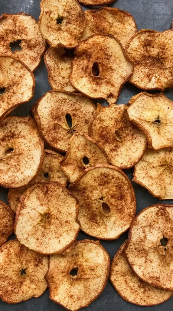 Homemade spiced apple chips in a bowl with a sprinkle of cinnamon