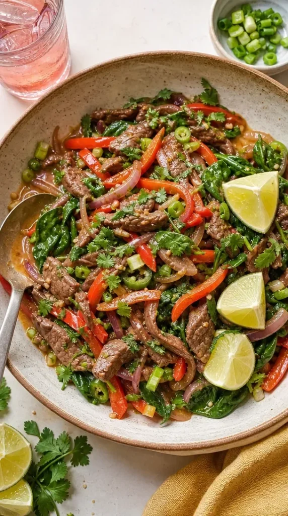 Easy spicy beef stir fry served with colorful vegetables and steamed rice.