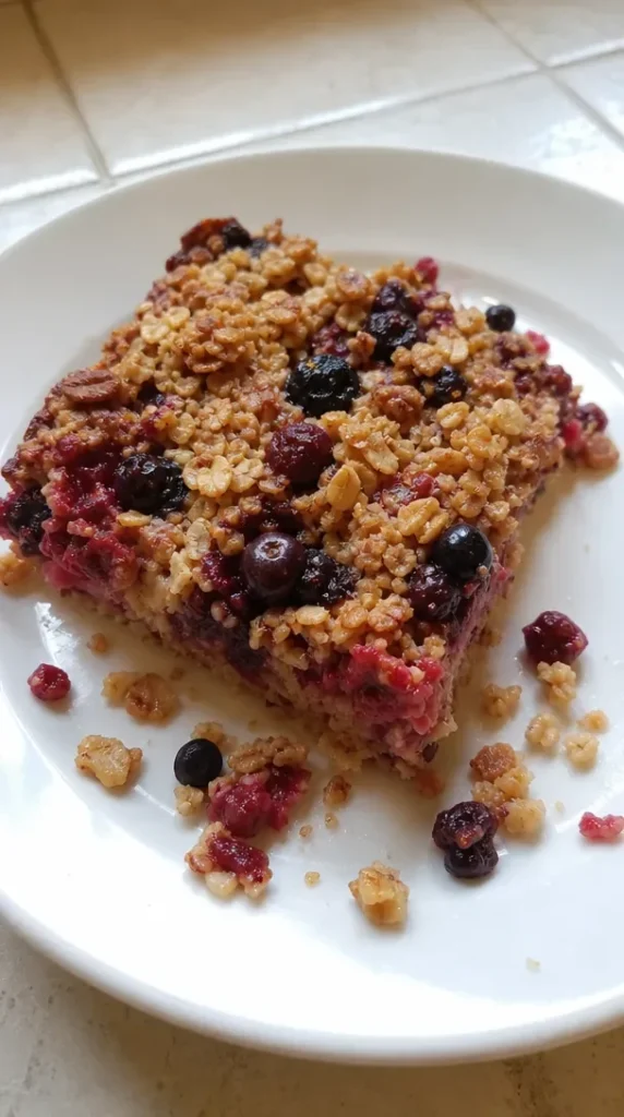 Delicious triple berry baked oats served in a bowl with fresh berries on top