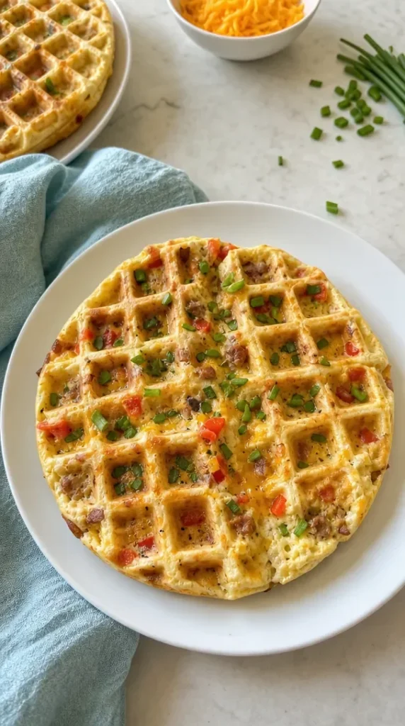 Delicious easy veggie waffle omelette served on a plate with fresh vegetables.