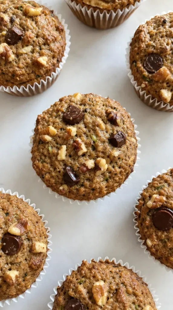Delicious homemade zucchini banana muffins on a wooden table