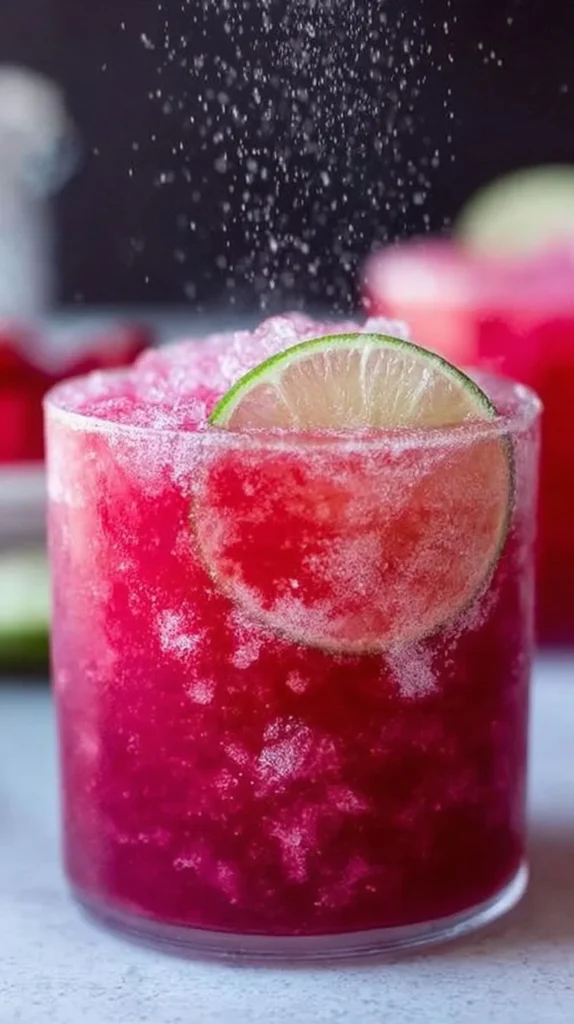 A refreshing glass of honey sweetened fresh cherry limeade with garnished limes.