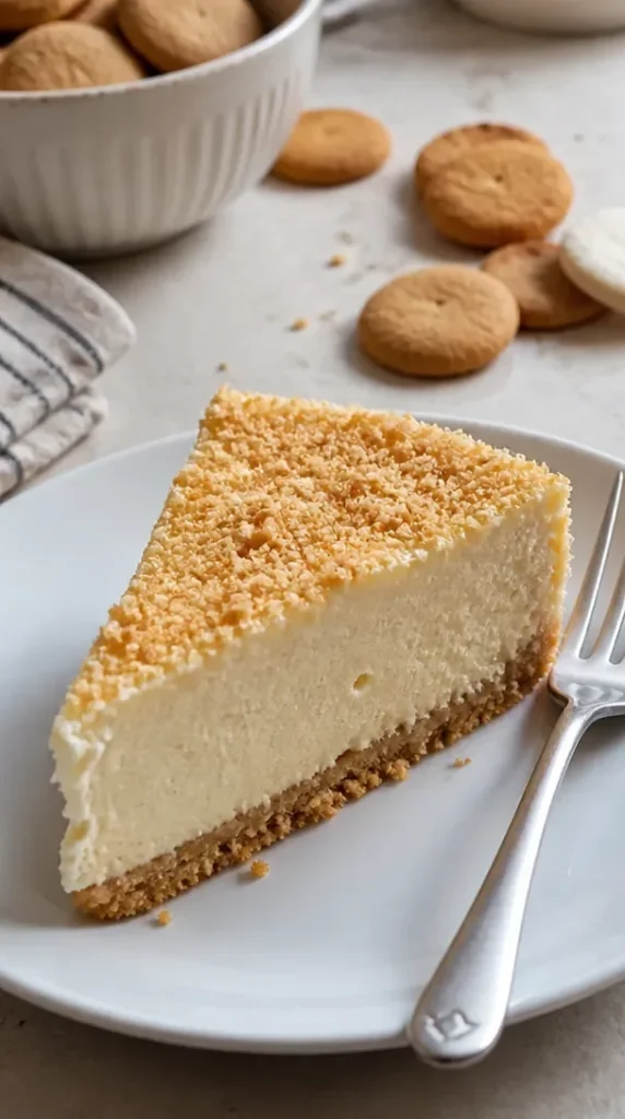 Keto Banana Pudding Cheesecake slice on a plate with fresh banana slices.