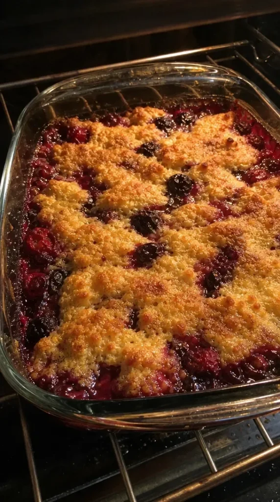 Delicious Keto Berry Dump Cake topped with fresh berries and whipped cream