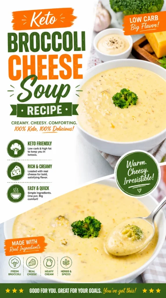 Bowl of keto broccoli cheese soup garnished with cheese and broccoli florets