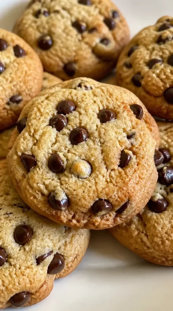 Delicious Keto Chocolate Chip Cookies with 2 net carbs on a wooden plate