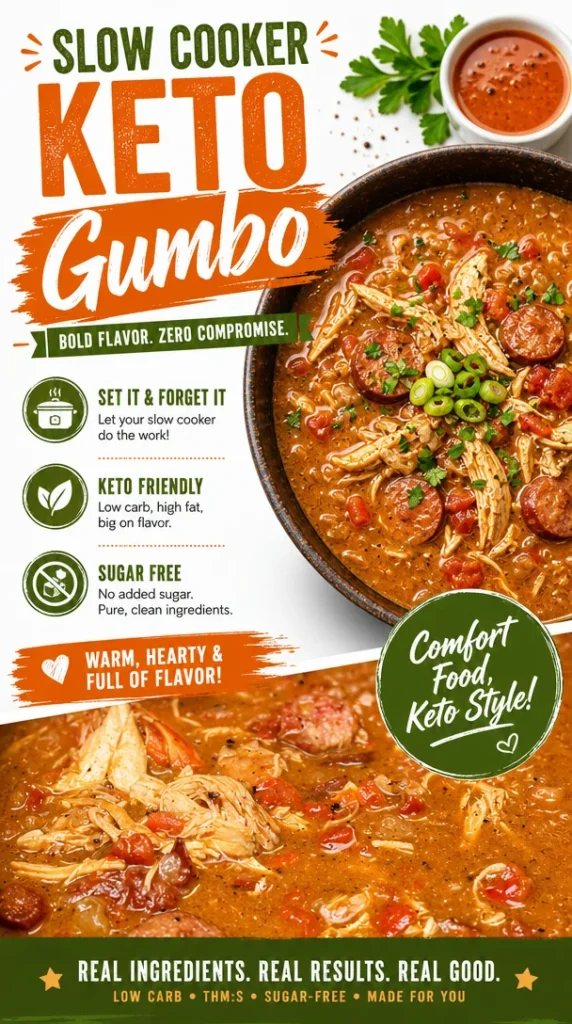 Bowl of Keto Gumbo with shrimp, sausage, and vegetables