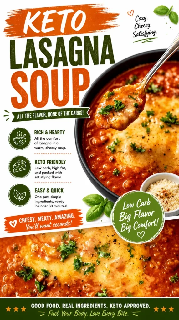 Delicious bowl of Keto Lasagna Soup with cheese and herbs