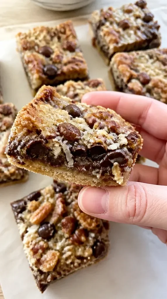 Delicious Keto Magic Bars topped with nuts and chocolate for a low-carb treat