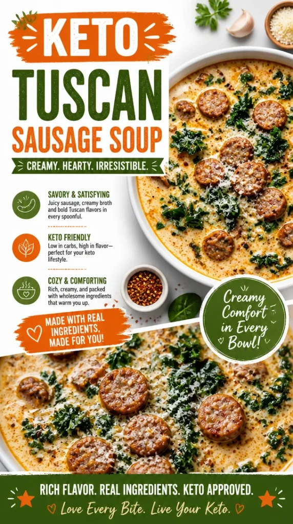 Bowl of Keto Tuscan Sausage Soup garnished with fresh herbs