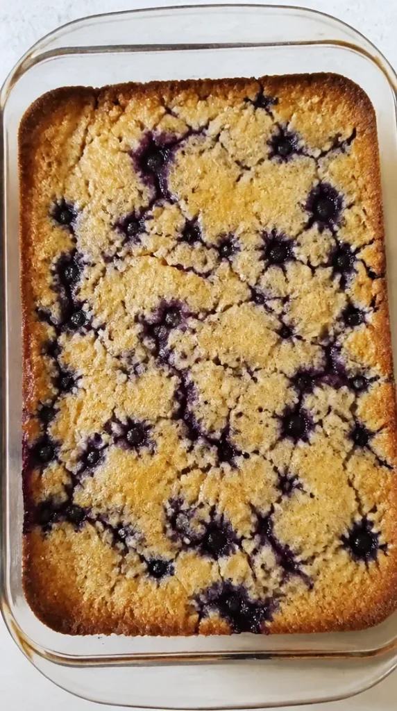 Low carb blueberry dump cake served in a dish with fresh blueberries on top.