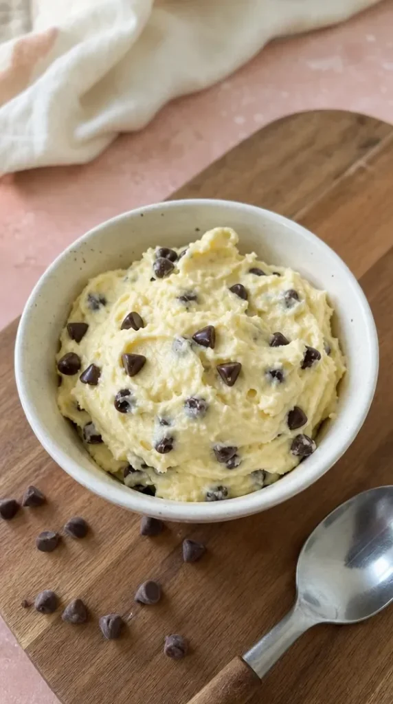 Delicious no-bake cottage cheese cookie dough served in a bowl.