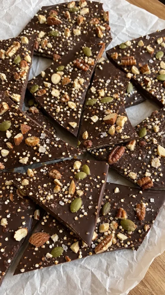 Delicious no-bake dark chocolate mint bark with a sprinkle of mint leaves