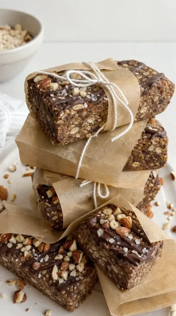 No-bake salted tahini fudge bars on a white plate, drizzled with chocolate.