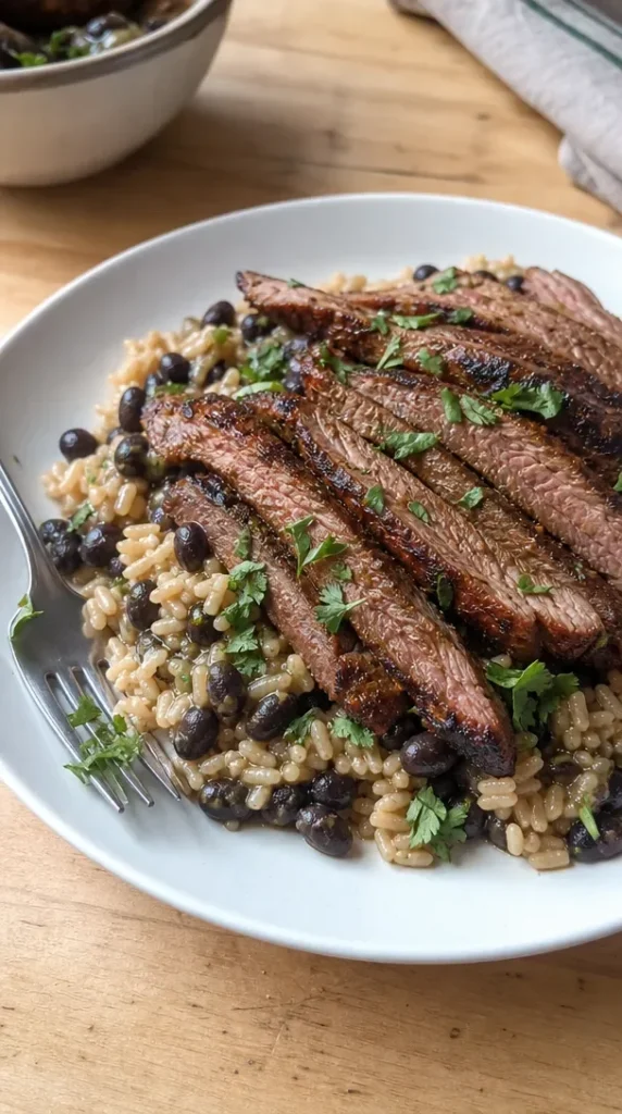 Delicious one-pan chili rubbed steak garnished with herbs and spices
