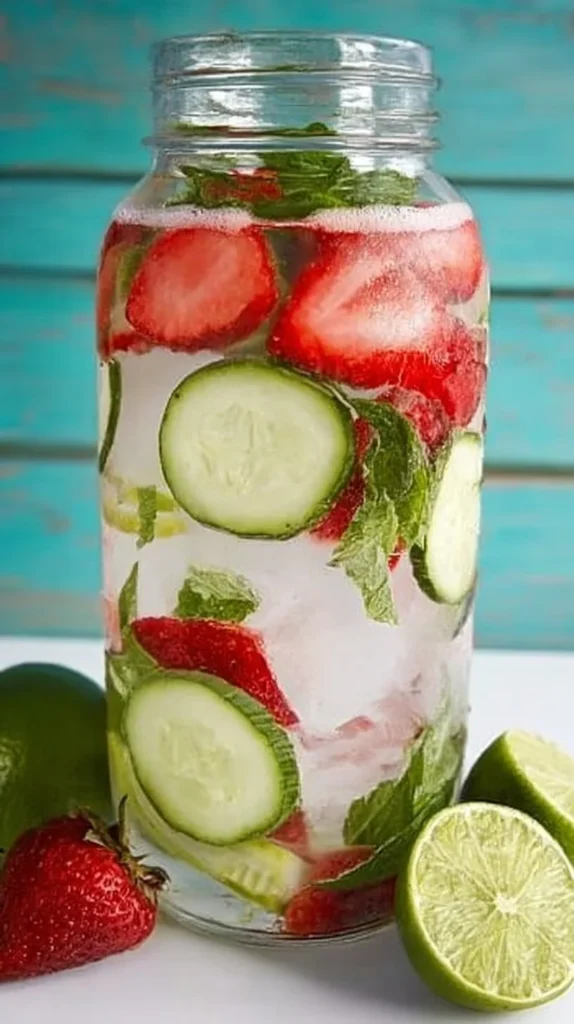 Glass of strawberry, lime, and mint infused water on a wooden table