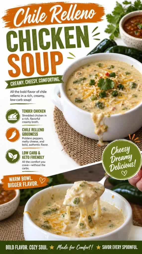A steaming bowl of Stuffed Chile Chicken Soup garnished with fresh herbs.