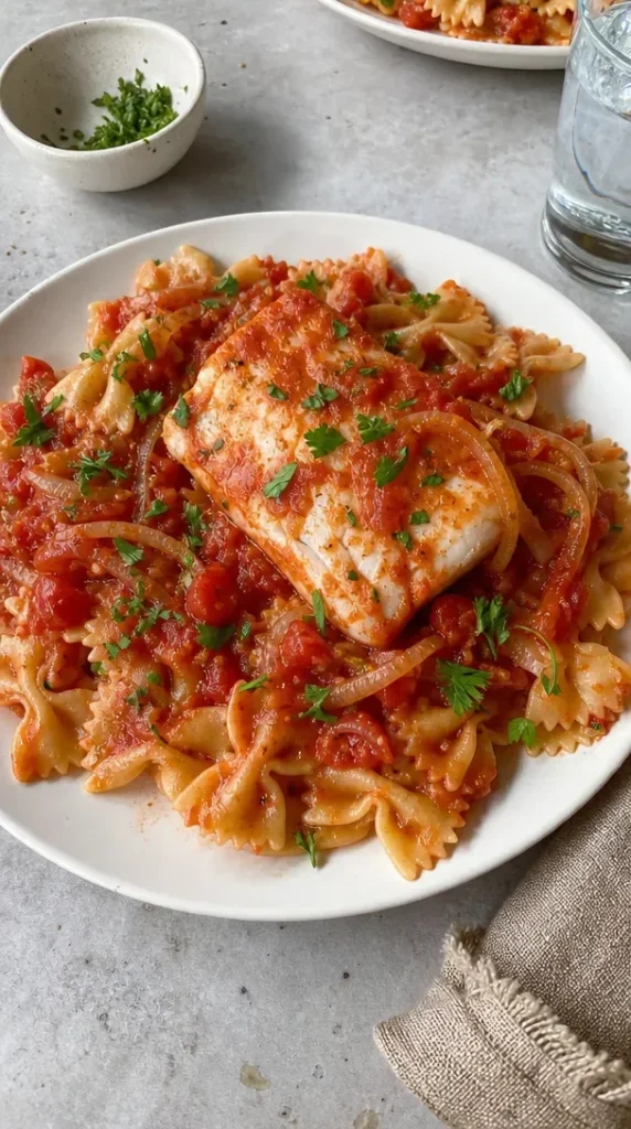 Delicious cod recipe served with lemon and herbs on a plate