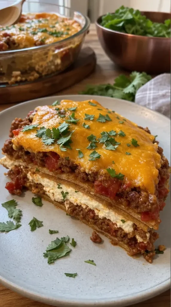 Layered Tortilla Pie with cheese, beans, and vegetables