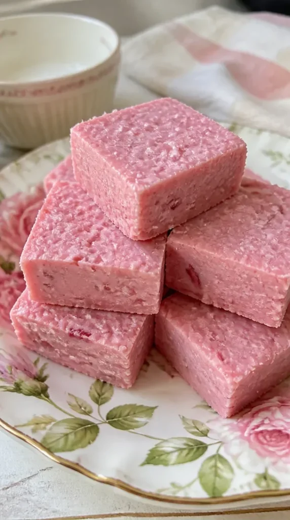 Delicious vegan raspberry coconut fudge squares on a platter