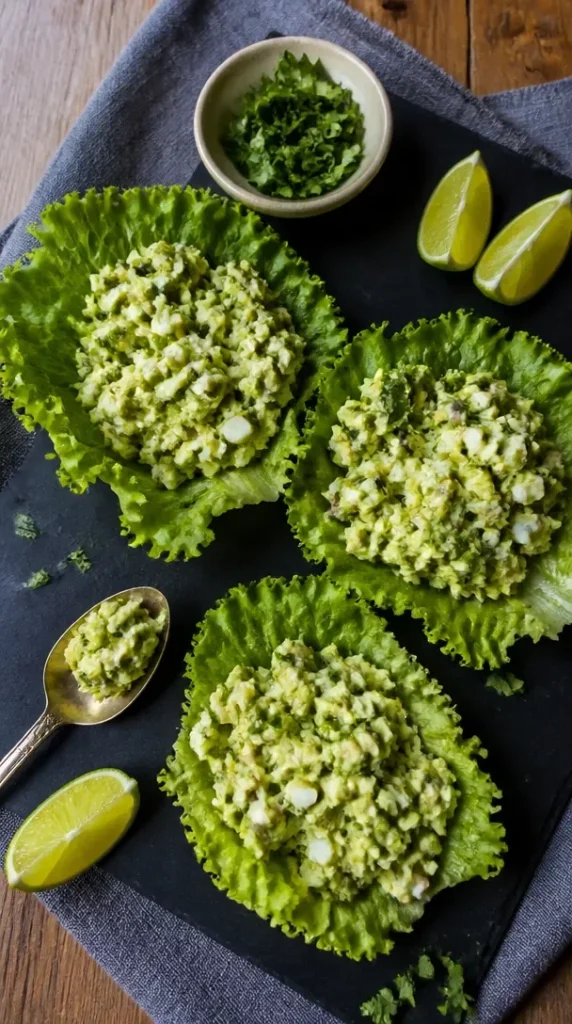 Bowl of delicious avocado egg salad with herbs and spices
