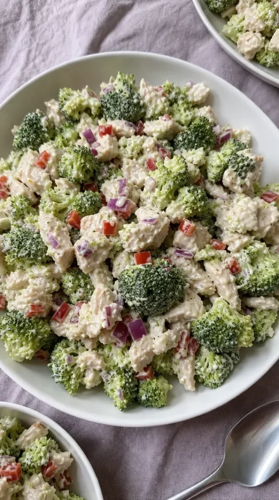 Bowl of easy broccoli chicken salad with fresh ingredients and dressing