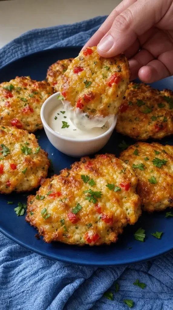 Easy Keto Chicken Fritters served with dipping sauce