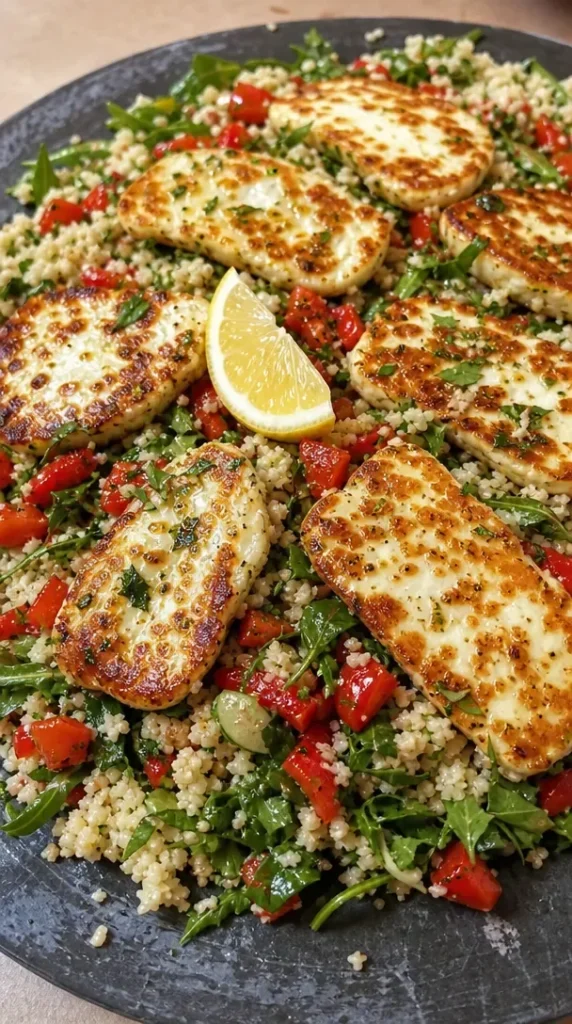 Delicious Keto Halloumi Salad with fresh veggies and dressing