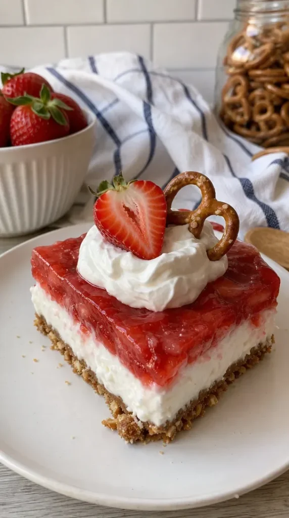 Delicious Easy Keto Strawberry Pretzel Salad in a glass bowl