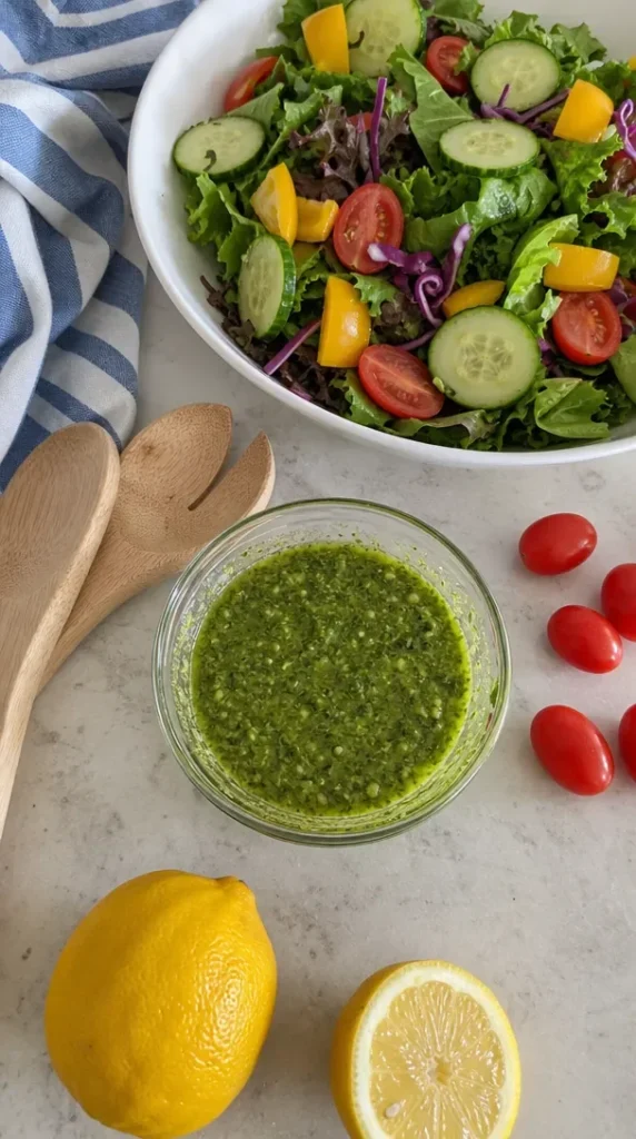 Bowl of easy pesto vinaigrette drizzled over a fresh salad.