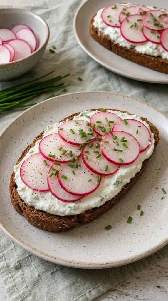 Radish Toasts with Whipped Ricotta & Chives